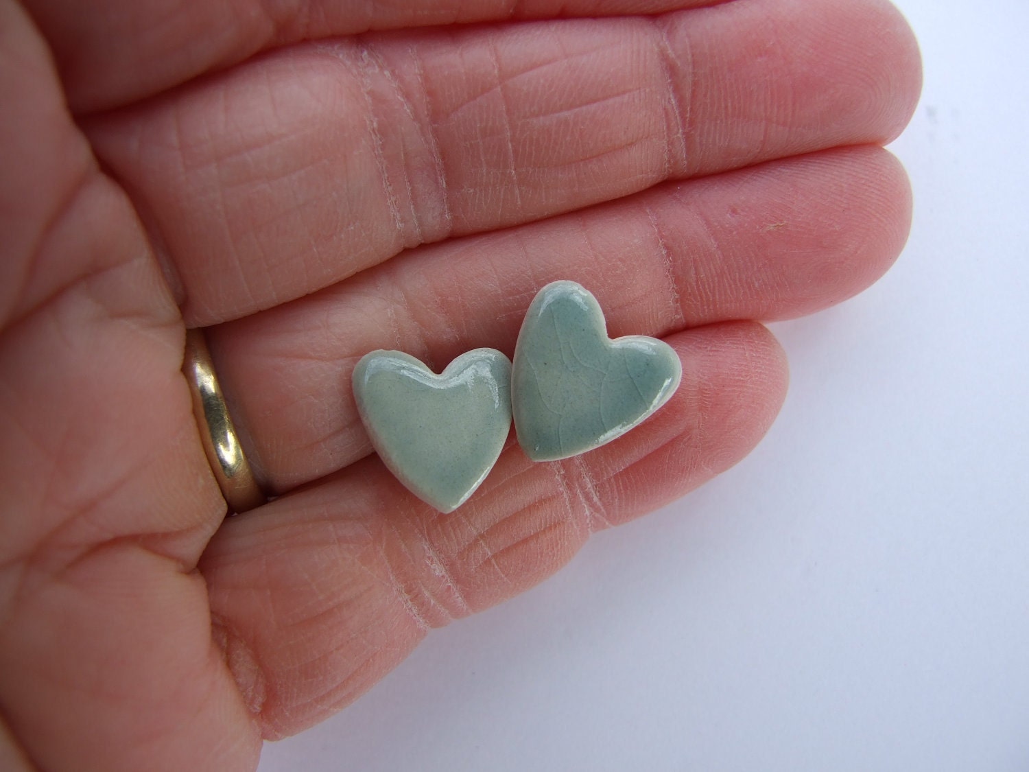 Grey jade heart earrings celadon green crackle glaze little hearts stud posts grey green soft green