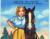 Vintage Linen Postcard Beautiful Blonde Girl &  Her Horse 1940s