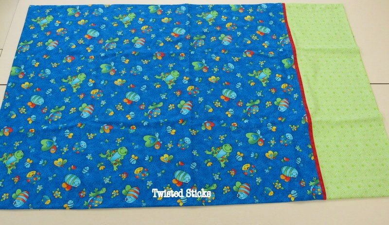 Children's COTTON PILLOWCASE, blue, green, frogs and bugs