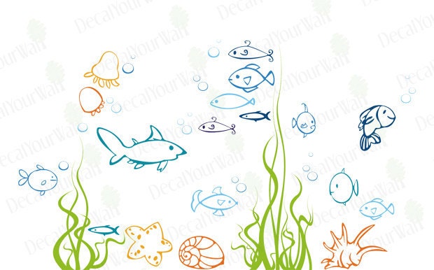 Under the sea, Fish Wall Decals Nursery Children's Kids Room Bathroom Removable Vinyl Wall Art Stickers Home Decor
