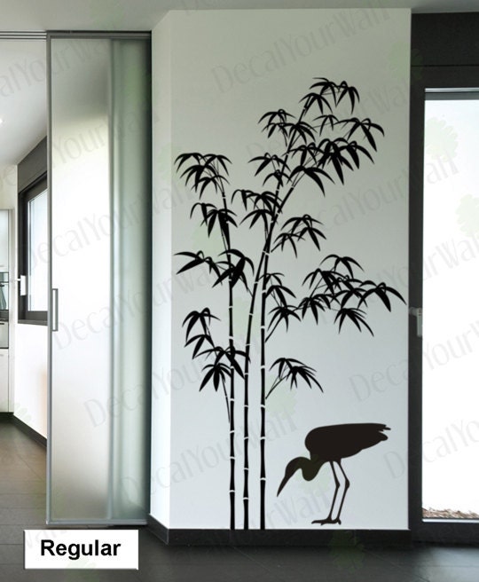 80" tall Large Bamboo Tree Removable Vinyl Wall Decals Sticker Wall Art Home Decor With a Crane Bird Decal
