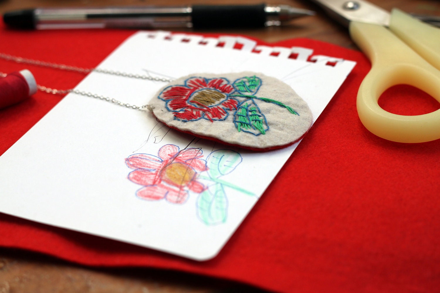 Custom personalized felted necklace, brooch or headband based on the drawing of your child