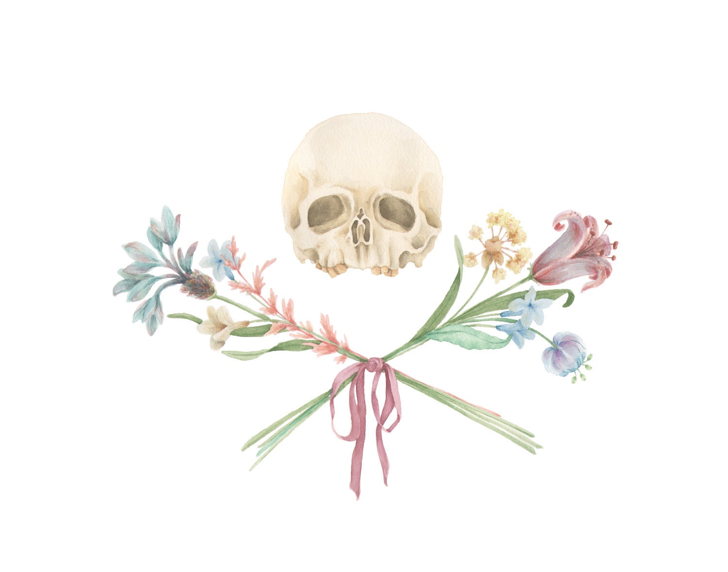 8x10" PRINT of original watercolor "Skull x Flowers"- painting, wall art, anatomy, floral