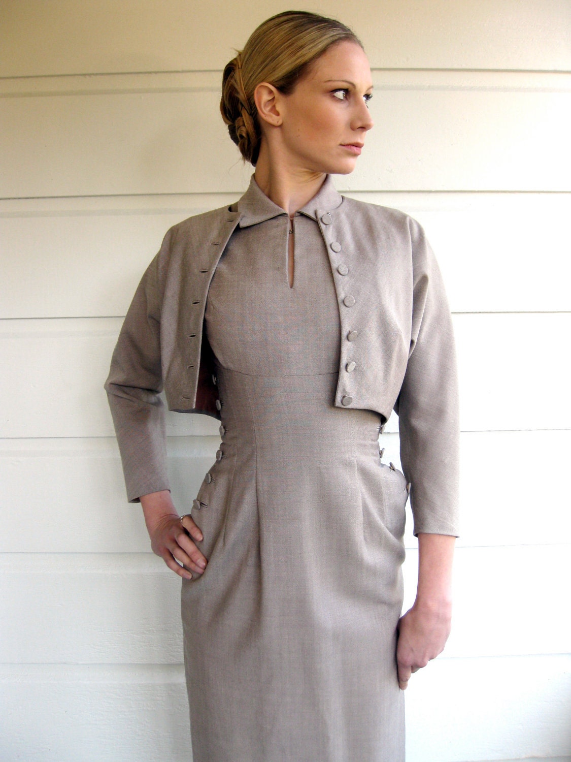 1950s Suit: Dress and Jacket by Karen Stark for Harvey Berin - Side Button Light Tan Wool/Silk from Bergdorf Goodman New York