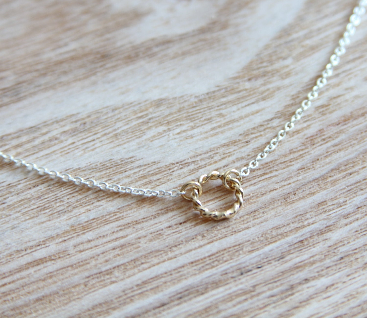 Delicate simple everyday open twisted circle charm necklace chain available in gold or silver