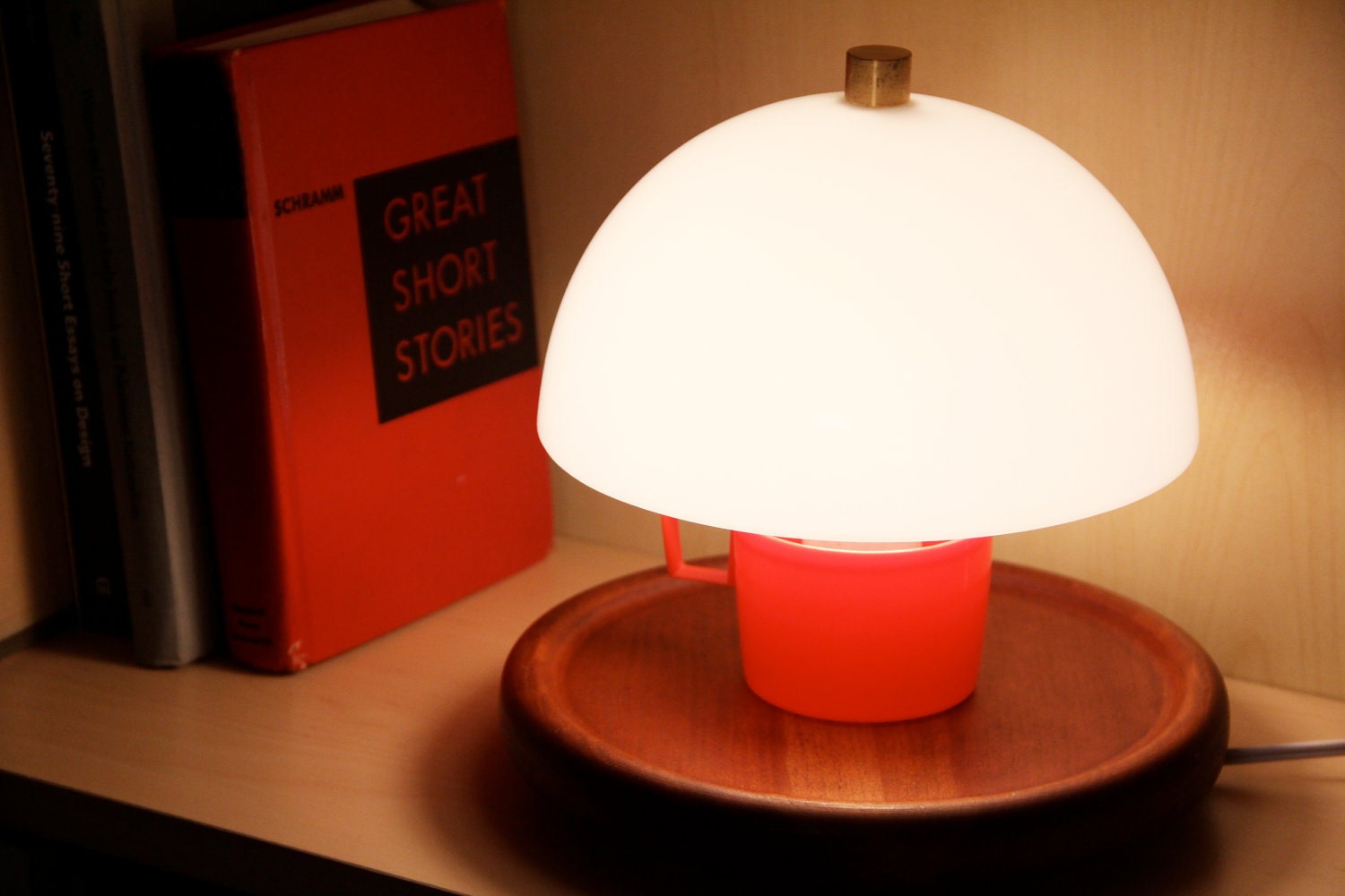 Table Lamp, Upcycled Red Thermos Cap - White Plastic Dome Shade