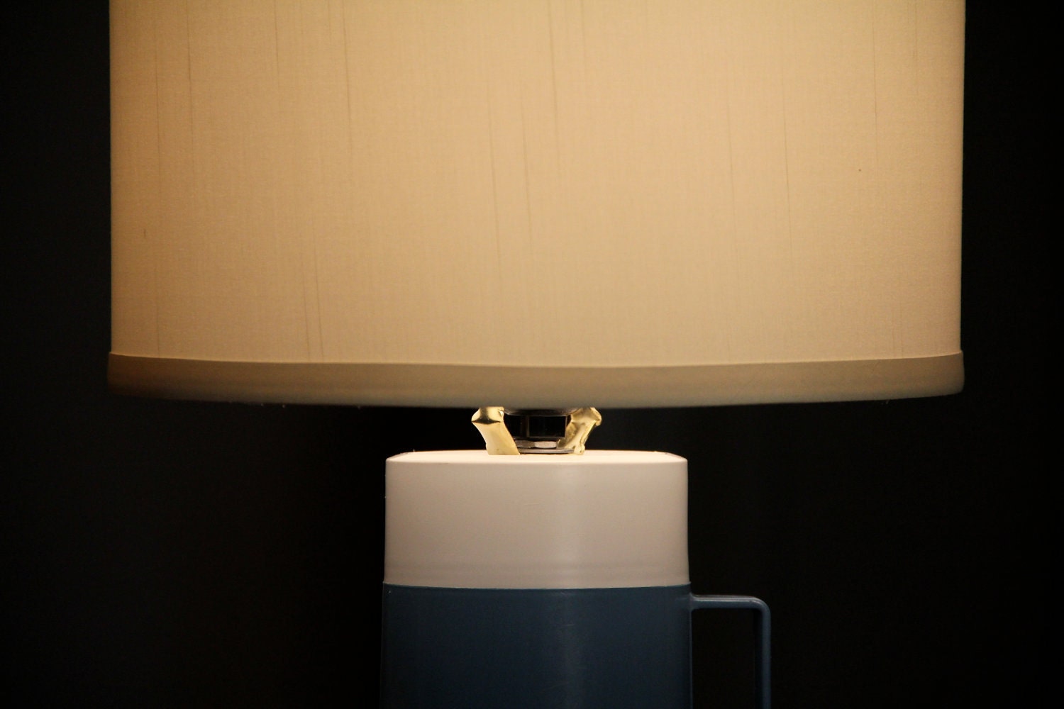 Table Lamp, Upcycled Blue-Gray Thermos - Ivory-Colored Drum Lampshade