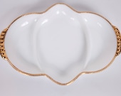 Vintage Milk Glass Platter Fire King Sectioned Gold Edging Beaded Gold Edge Oven Ware Made in USA