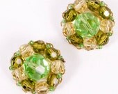 Vintage Green Clip Earrings Marvella Glass Bead Costume Jewelry Crystal Cluster
