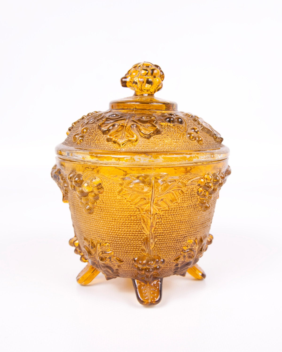 Covered Candy Dish Amber Covered Footed Grapevine Pattern Compote Pressed Glass
