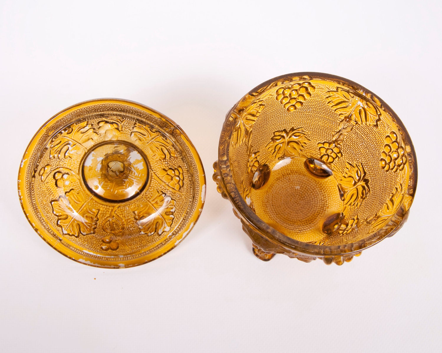 Covered Candy Dish Amber Covered Footed Grapevine Pattern Compote Pressed Glass
