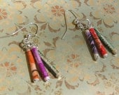 recycled postage stamp handmade earrings, bohemian chic, ooak, unique, quirky, upcycled jewelry