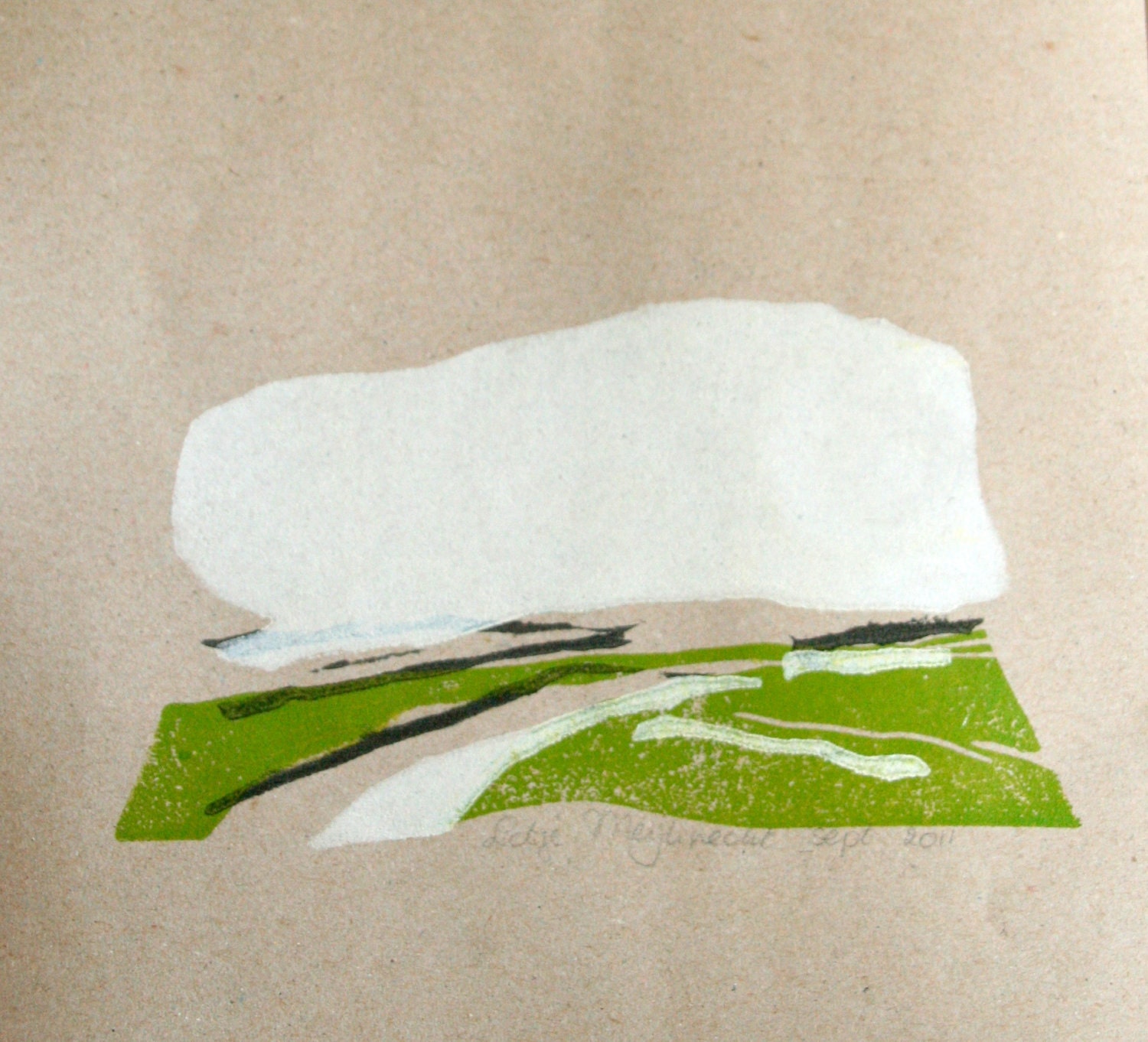 Dutch polder Landscape and its small water works, original lino print