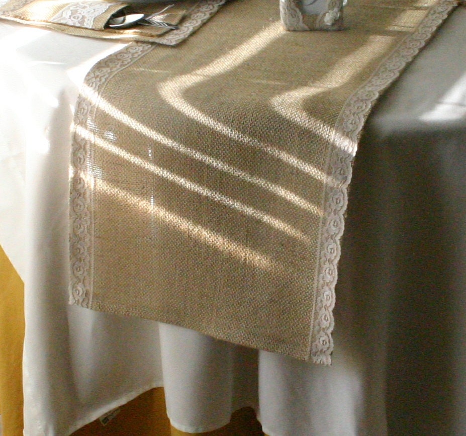 Burlap with lace tables runners, country rustic, shabby chic, woodland cottage, & French country weddings