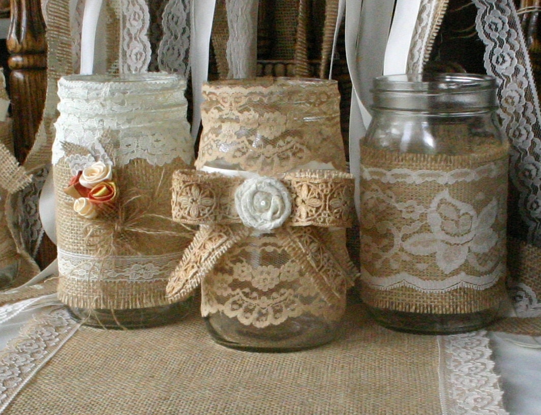 ViNTAGE LACE on Burlap wedding JARs,  Bride and Groom centerpiece, rustic farm house, shabby chic, country wedding