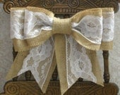 Vintage lace pew bows, Burlap wedding bows, shabby chic weddings, rustic chic, cottage chic, country chic