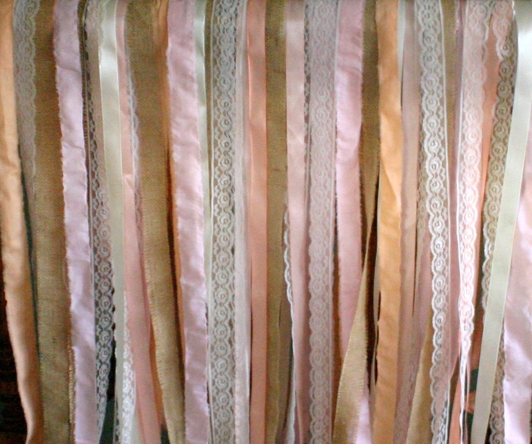 Burlap backdrop streamer,  5' x 6' TALL lace and ribbon for weddings, Chandelier streamer for weddings