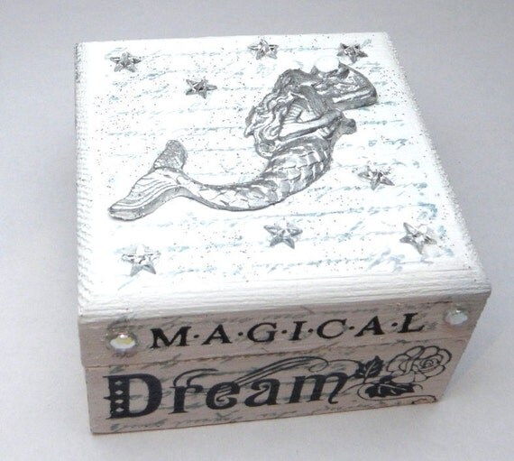On Sale - Mermaid Trinket Box in Silver & White with Stars, Sparkly Altered Art