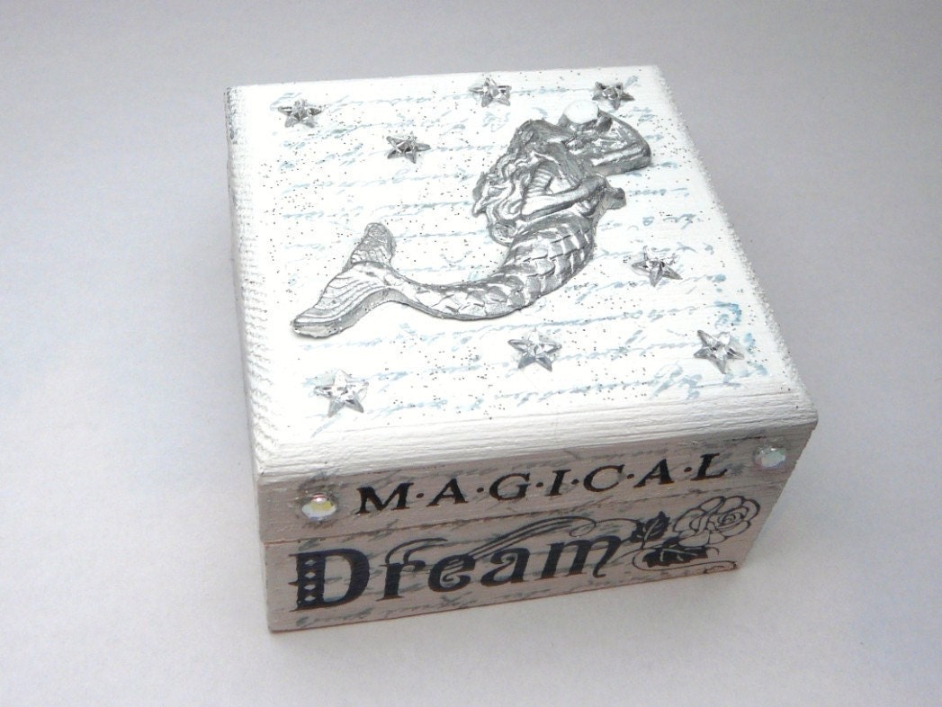 On Sale - Mermaid Trinket Box in Silver & White with Stars, Sparkly Altered Art