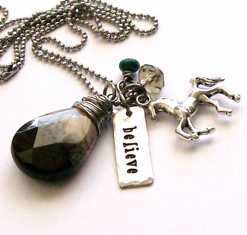 Handstamped Horse Charm Faceted Stone Briolette Necklace