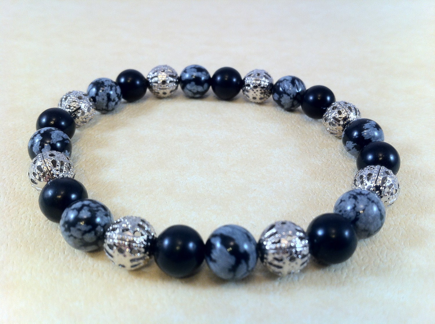 Snowflake and Black Obsidian Bead Bracelet