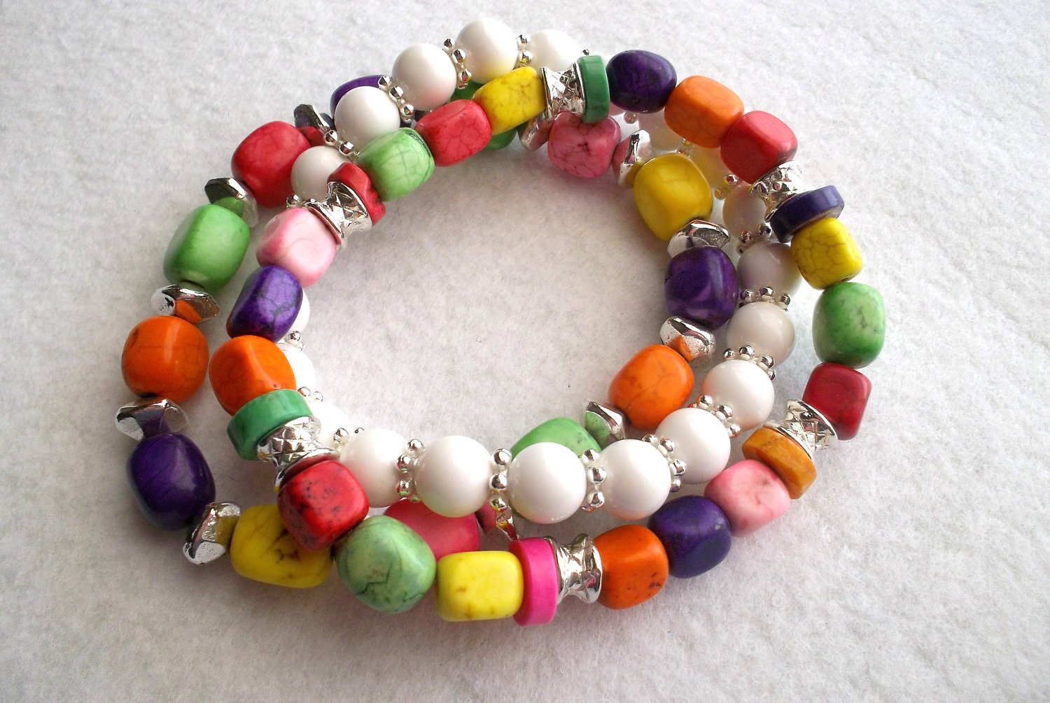 Beaded Stretch Bracelets Bright Multicolor Magnesite and Silver Bead Three Strands
