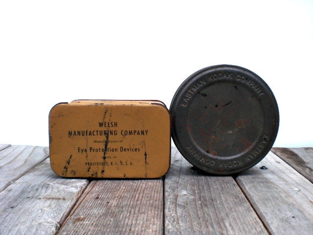 Vintage industrial tins / Kodak Eastman / masculine / repurposed gift boxes / man cave / home office decor / minimalist / retro / patina
