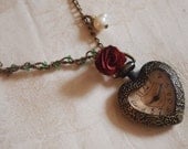 Valentines romantic vintage ornate heart watch locket with red rose and freshwater pearl