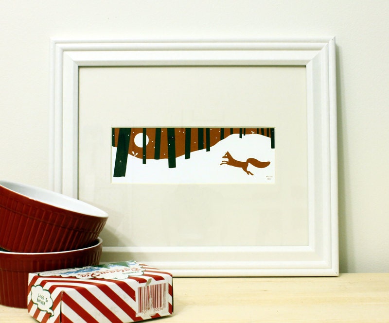 Fox Art Print - Winter Woodland Giclee - Red Fox Tail - Animal Silhouette - Red White & Black 8x10
