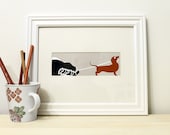 Dachshund Dog Art Print - Weiner Dog Giclee - Pet Portrait Dog Lover - Animal Silhouette Illustration - Red, Gray, Black & White 8x10