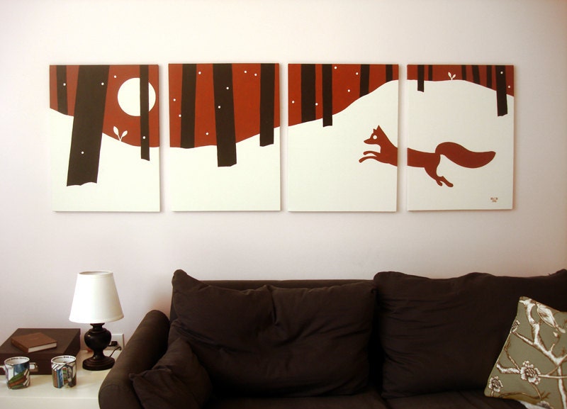 Red Fox Painting - Animal Silhouette Nursery Art - Red White & Black - Winter Christmas Snow Forest Wall Art 18 x 24 (Set of 4)
