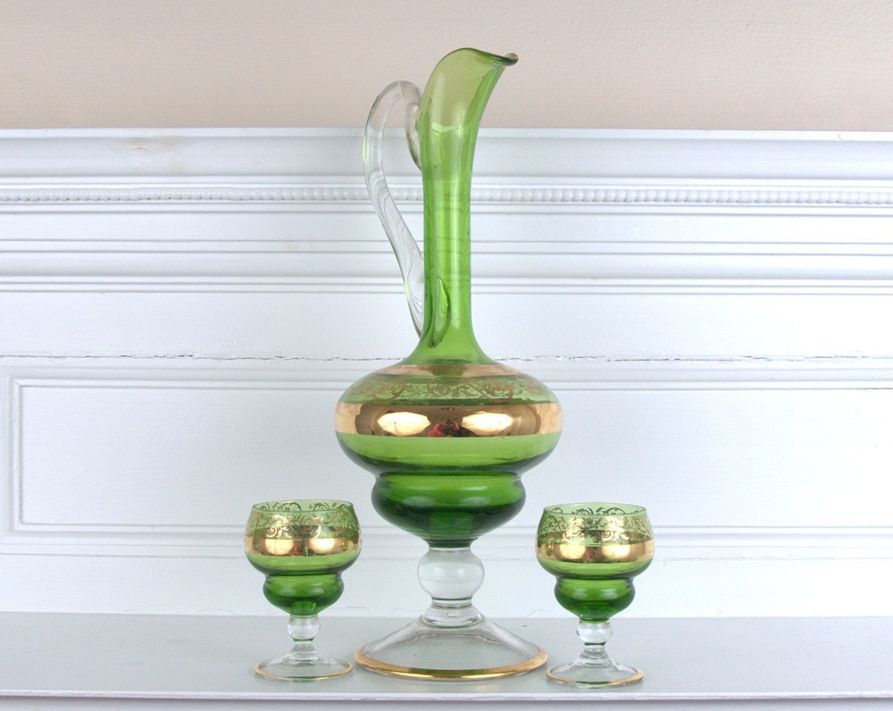 Green Glass Decanter and Cups with Gold Trim
