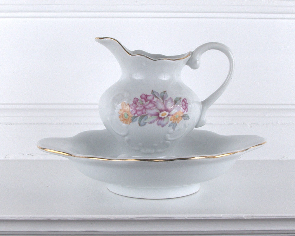 Small Floral Ceramic Pitcher and Basin