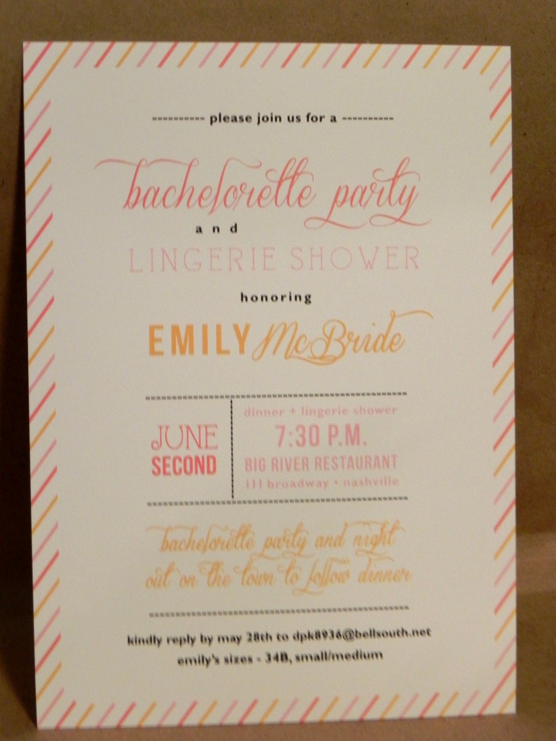 Bachelorette Party / Lingerie Shower / Candy Stripe Printed Invitation / Birthday / Rehearsal Dinner / Wedding / Save the Date by DarbyCards