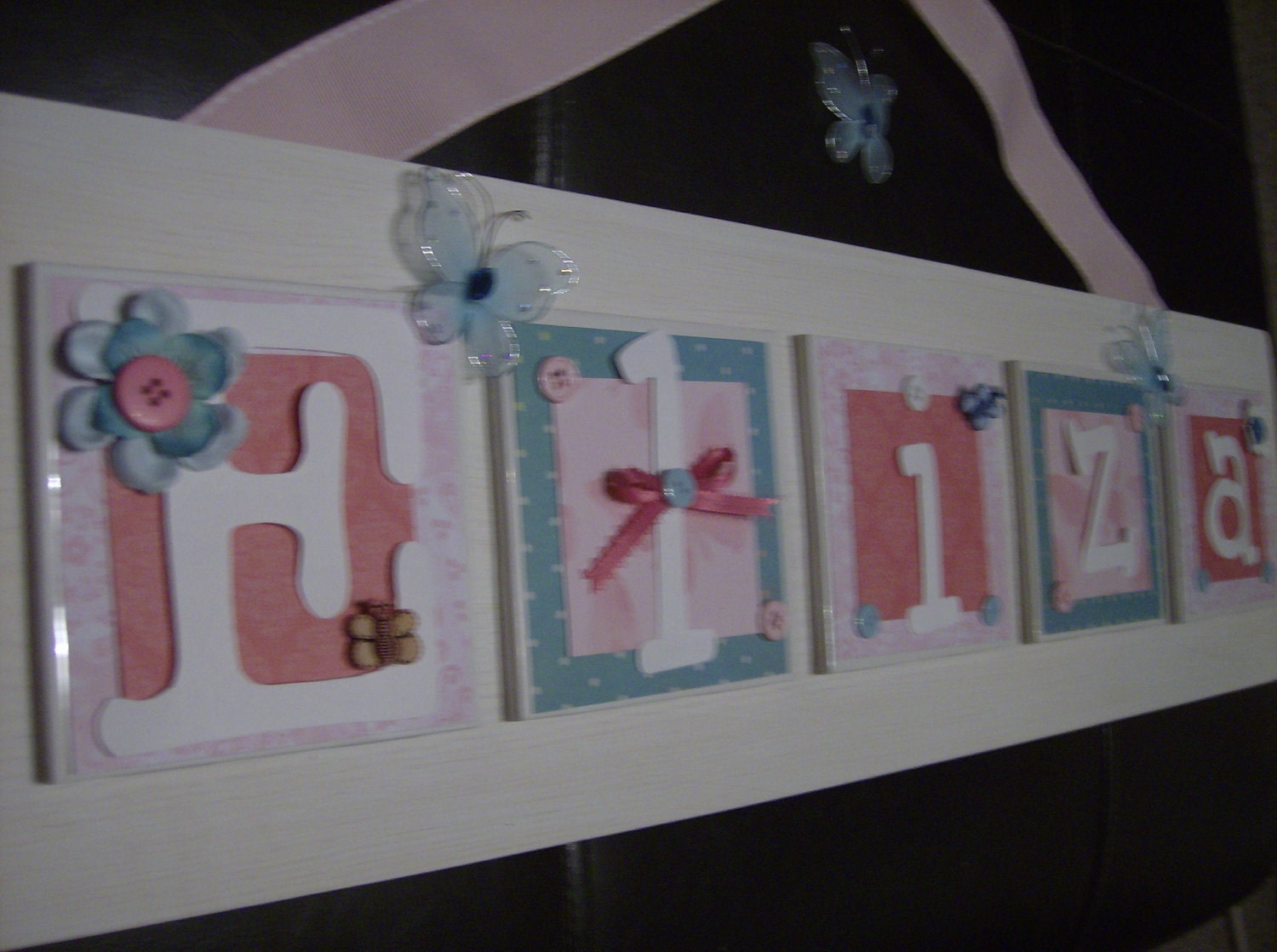 Pink Teal Butterfly Customized Nursery Name Sign Plaque - Name Sign - Wall Hanging - Baby Kids Personalized Customized Name Plaque Art