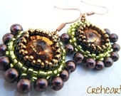 Handmade Beaded Swarovski Crystal Earrings - Rivoli, Brown Pearls, Green - Mint Caramel