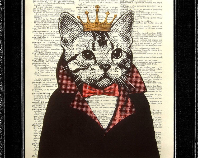 DECORATIVE ART, Wall Hanging, CAT Decor, Fun Cat Collage, Unique Cat Gifts, Tuxedo Cat Bow tie, Dictionary Art Print Cat Book Art - Cat King