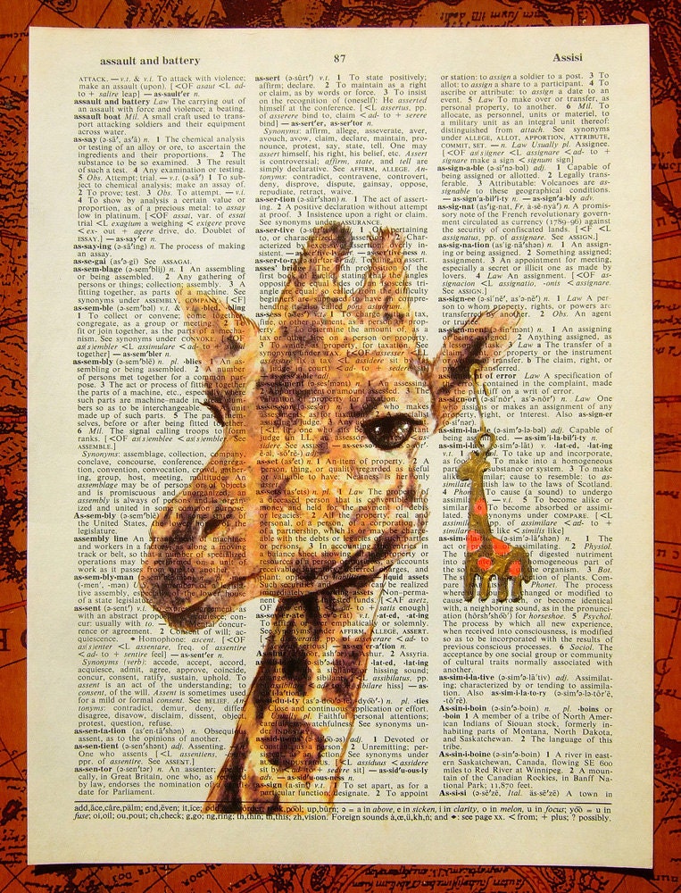 Animal Art Print - Giraffe with giraffe earring - Mixed Media Vintage Dictionary art print, Dictionary print, ORIGINAL ARTWORK hand painted