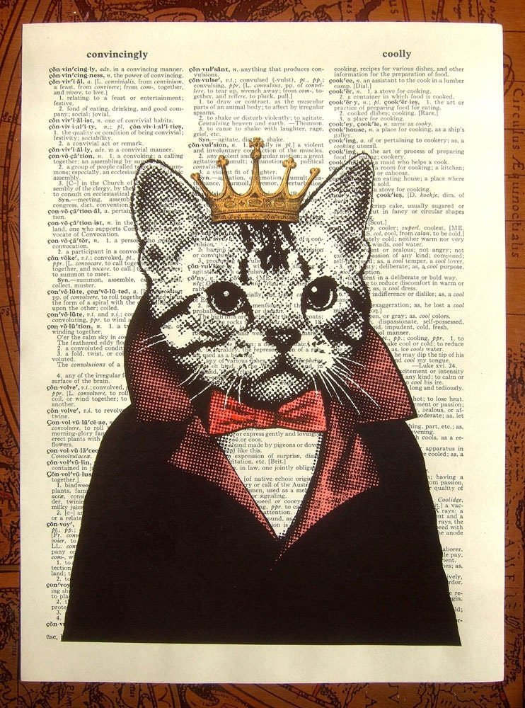 CAT Art Print / Cat Poster - Cat King - ACRYLIC PAINTING Vintage Book page print, Dictionary art print, Dictionary print, Original Artwork
