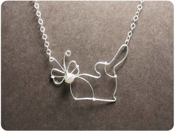 Rabbit and the butterfly - Sterling Silver Pendant Necklace w/Fresh Water Pearl