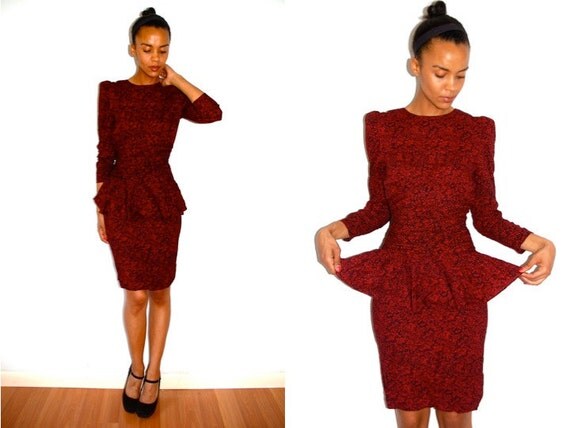 RESERVED shaynzbay: Vtg Floral Red & Black Printed Peplum Wiggle Dress