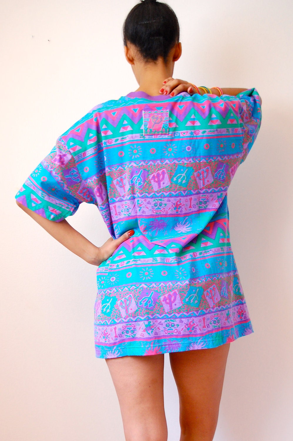 Vtg 80s Neon Tribal Print Bright SS Oversize Shirt