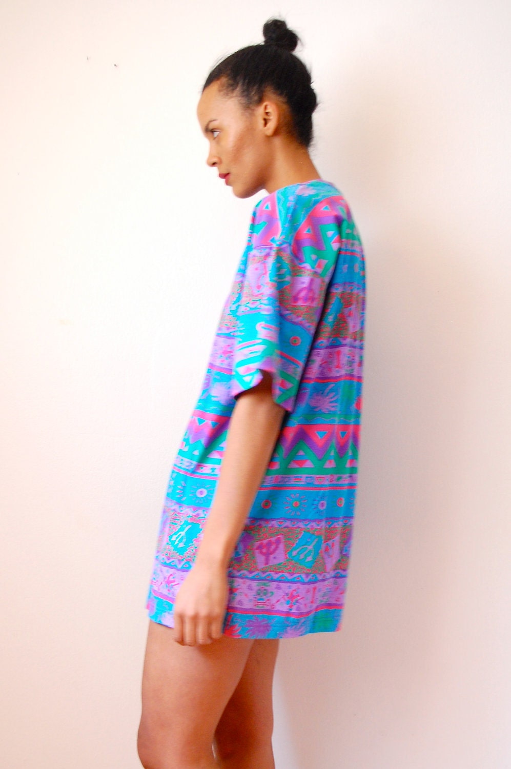 Vtg 80s Neon Tribal Print Bright SS Oversize Shirt