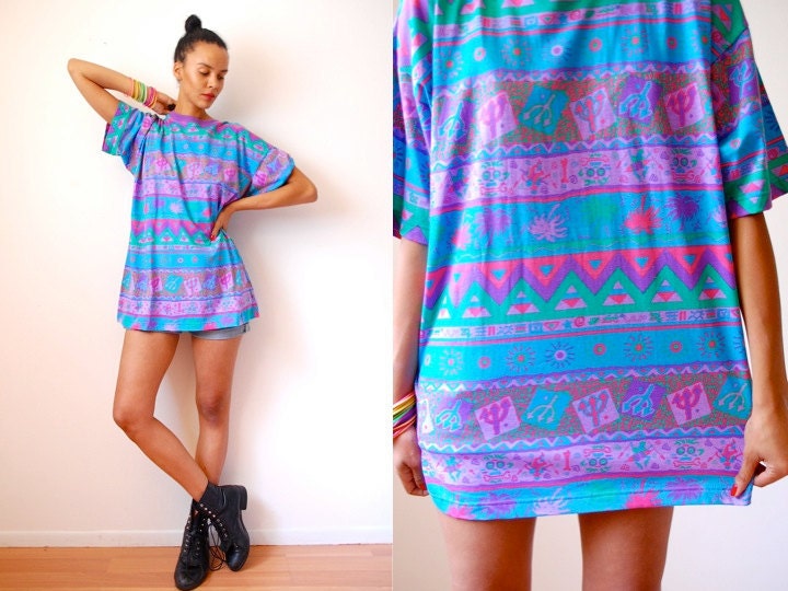 Vtg 80s Neon Tribal Print Bright SS Oversize Shirt