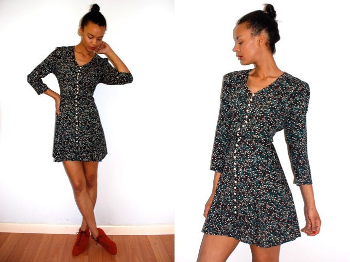 Vtg Dark Floral Pearly Button Down Front Mini Dress