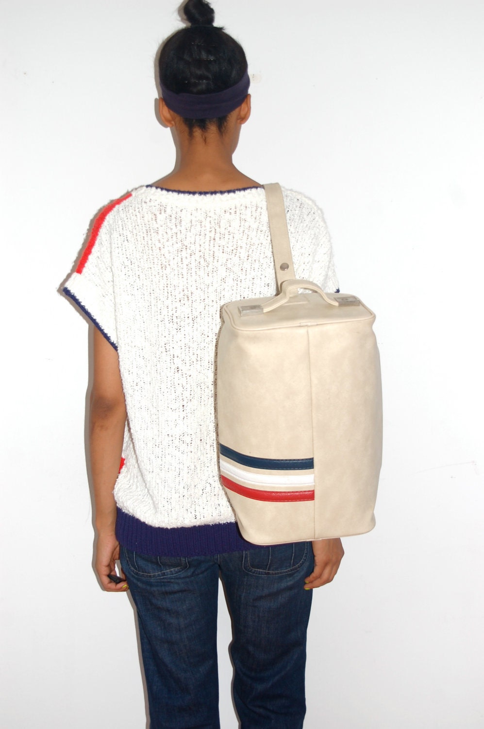 Vtg Retro Striped Red White Blue Bowling Gym Bag