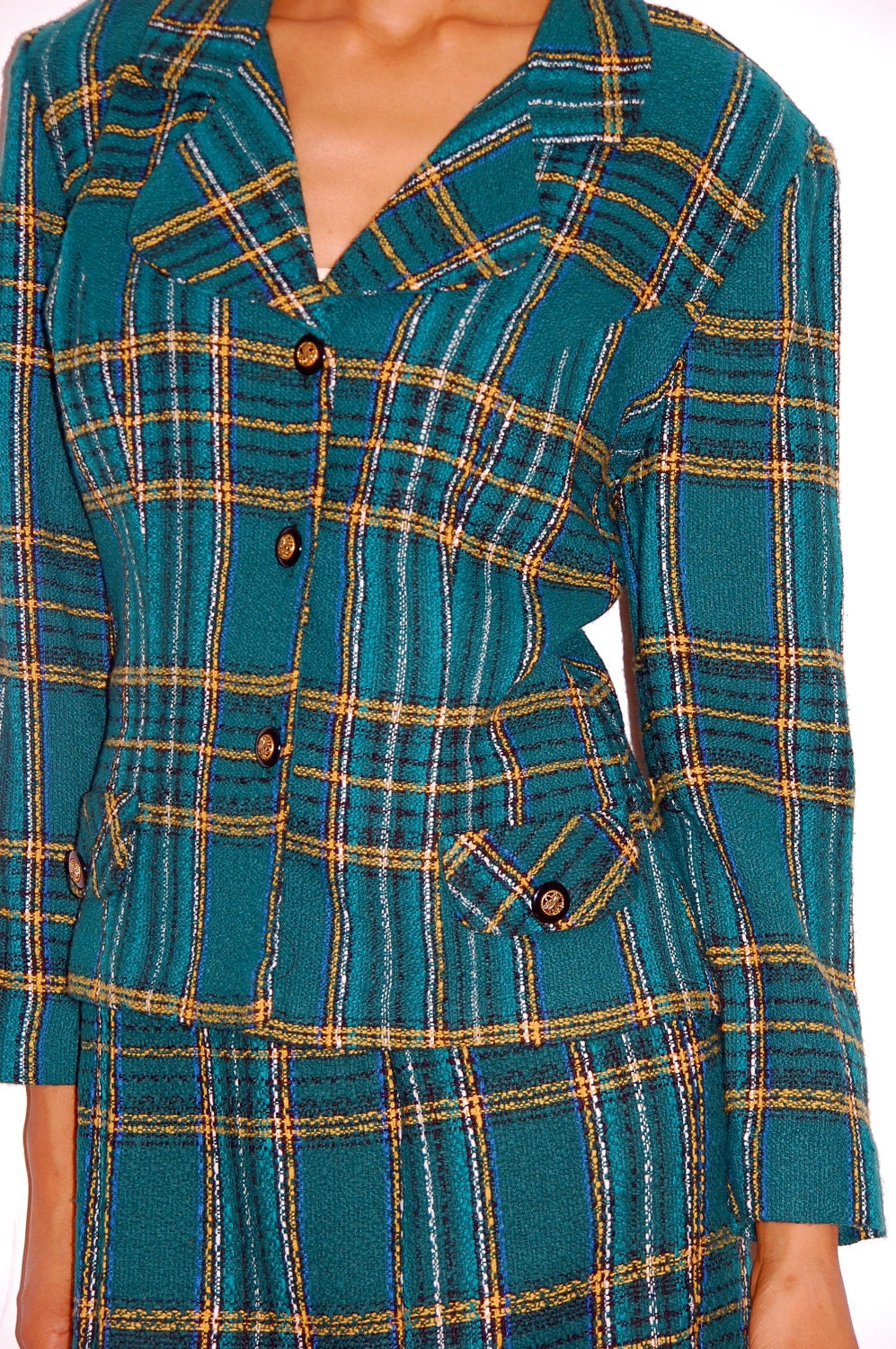 Vtg 2 Piece Plaid Green Yellow Fitted Blazer Mini Skirt