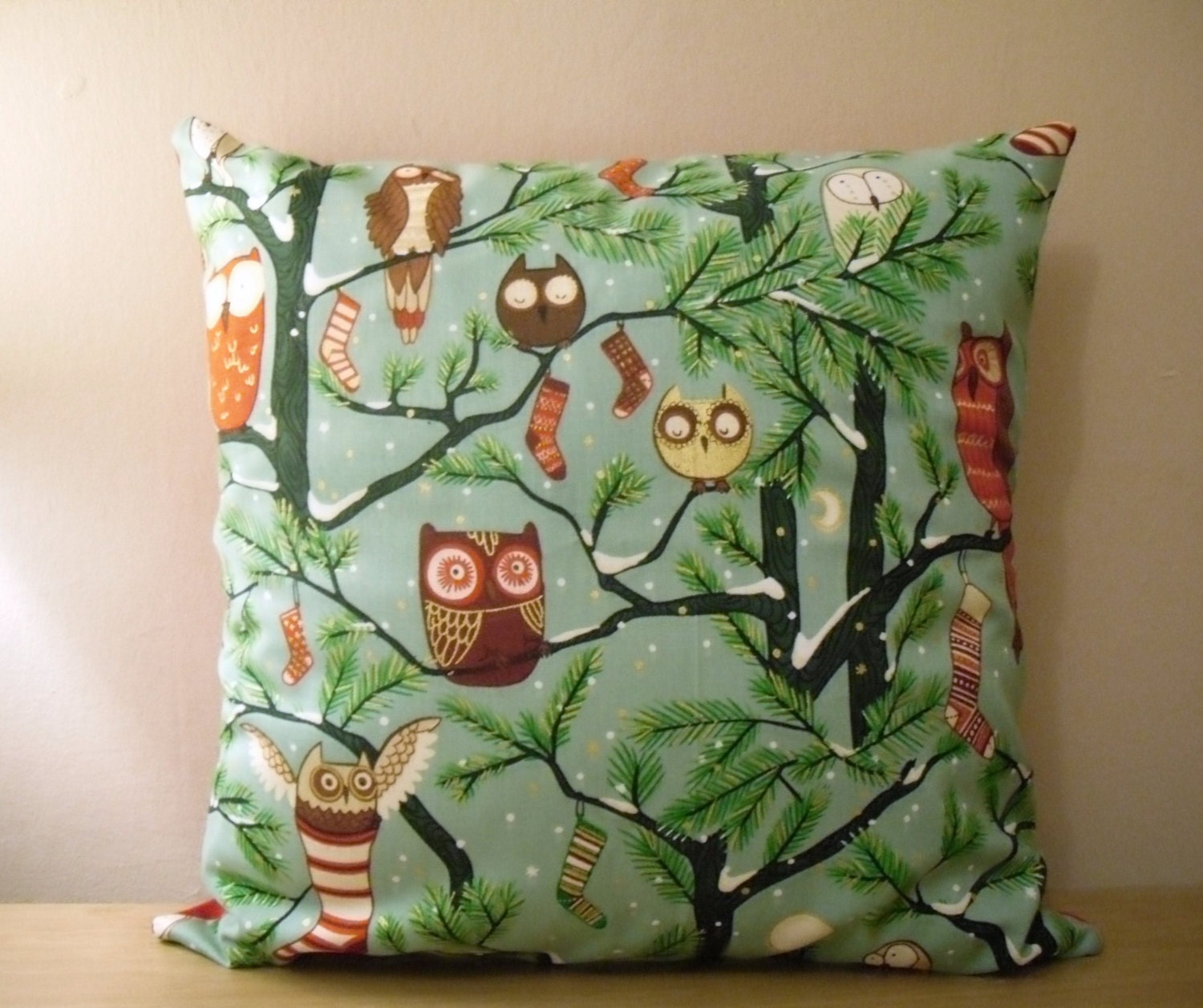 Owl Pillow Cover made with Alexander Henry Holiday Hoot Fabric