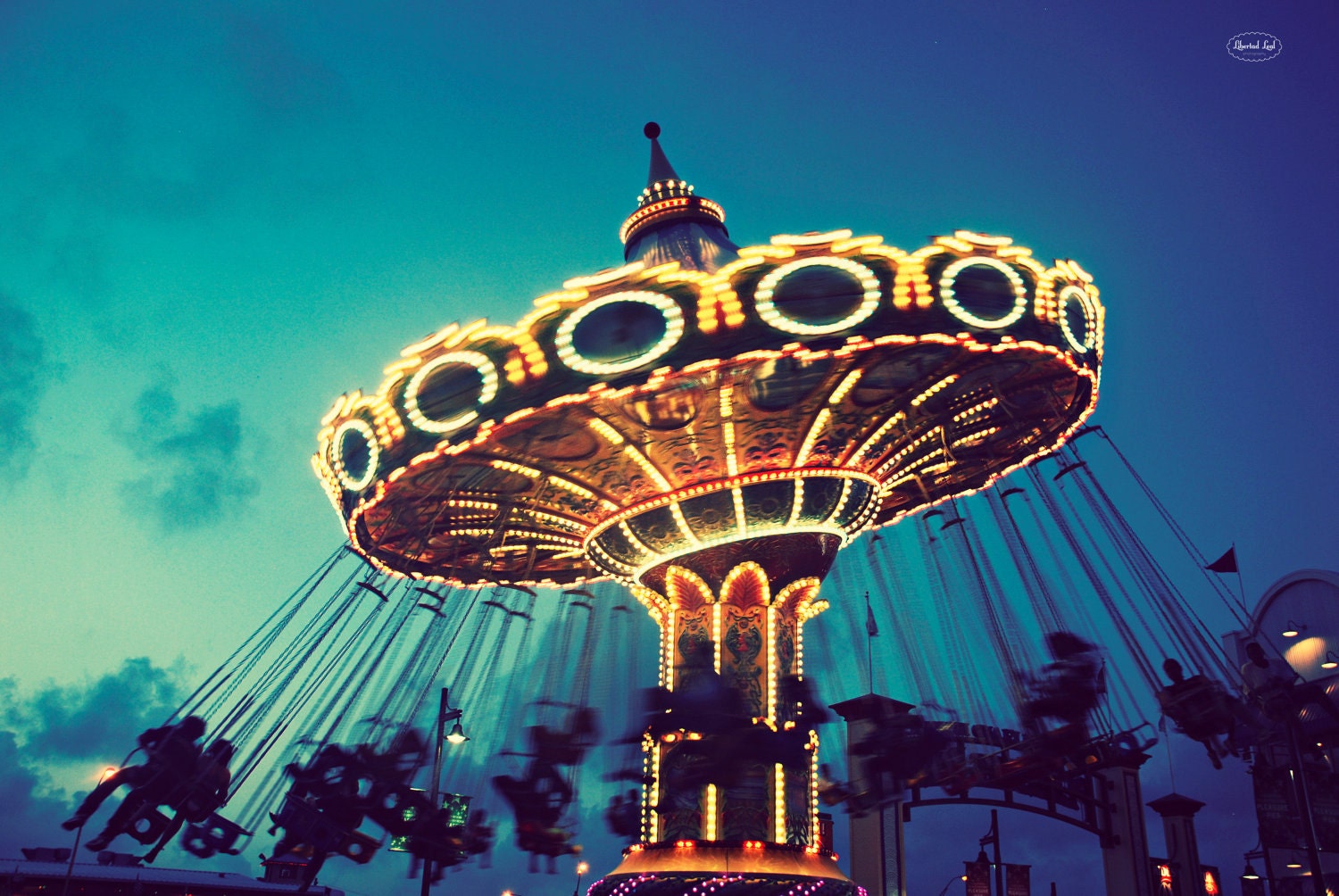 Fine Art Photography -  retro fair ride carnival vintage lights blue sky flying children kids 8x10  photo print wall art decor