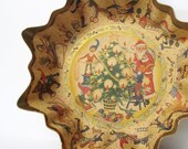 Vintage Christmas Decor Cardboard Candy Bowl, West Germany Container with Santa and Elves